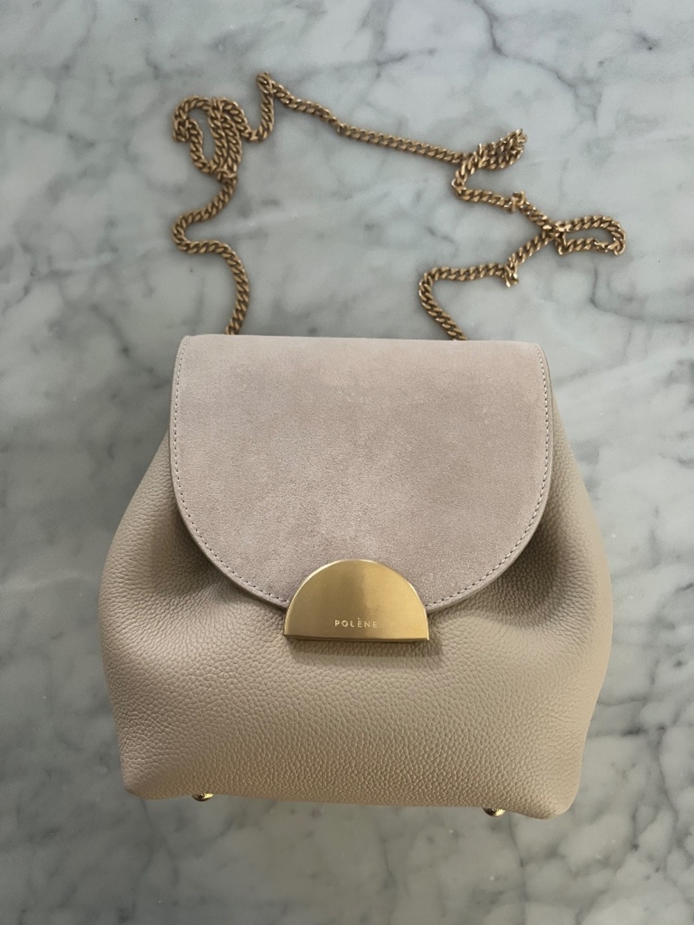 Polène Leather & Suede Chain Shoulder Bag Beige Gold Hardware + Dust Bag